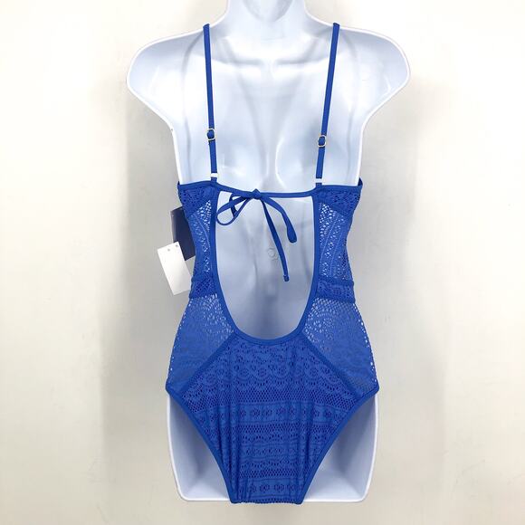 BECCA Color Play Crochet One Piece Swimsuit Medium Blue Cornflower Plunge NWT - Picture 7 of 12